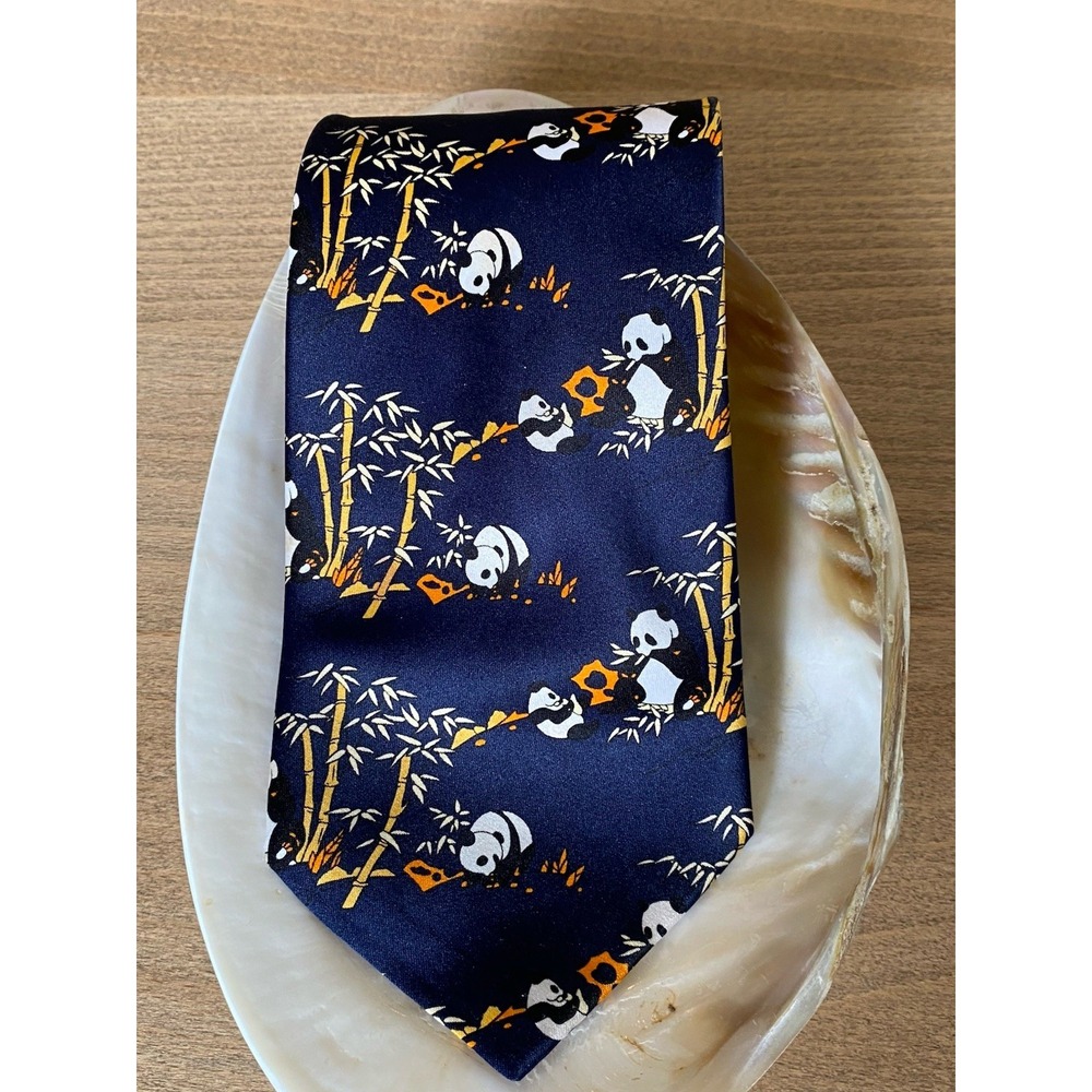 Kai Long Panda Bear Neck Tie Navy Blue Panda Bamboo 100% Silk Hand Made Mens EUC